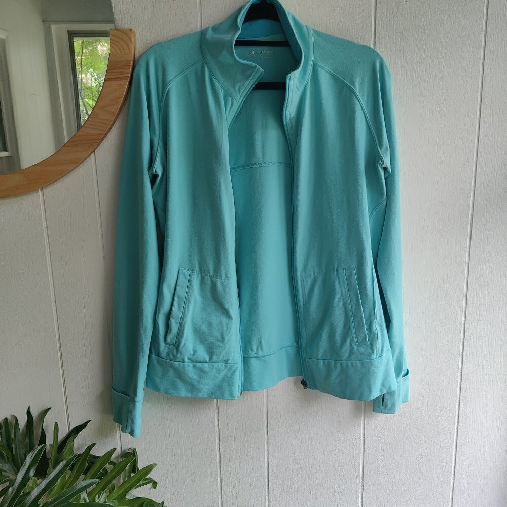 Tuff Warm Up Jacket in Knit Jersey nylon & spandex. Front slit pockets Aqua Sz L